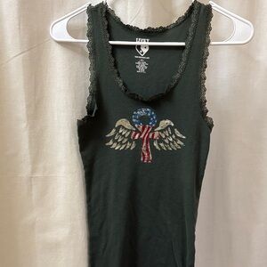 Lucky Brand Dark Green Tank Top with Winged Cross Design